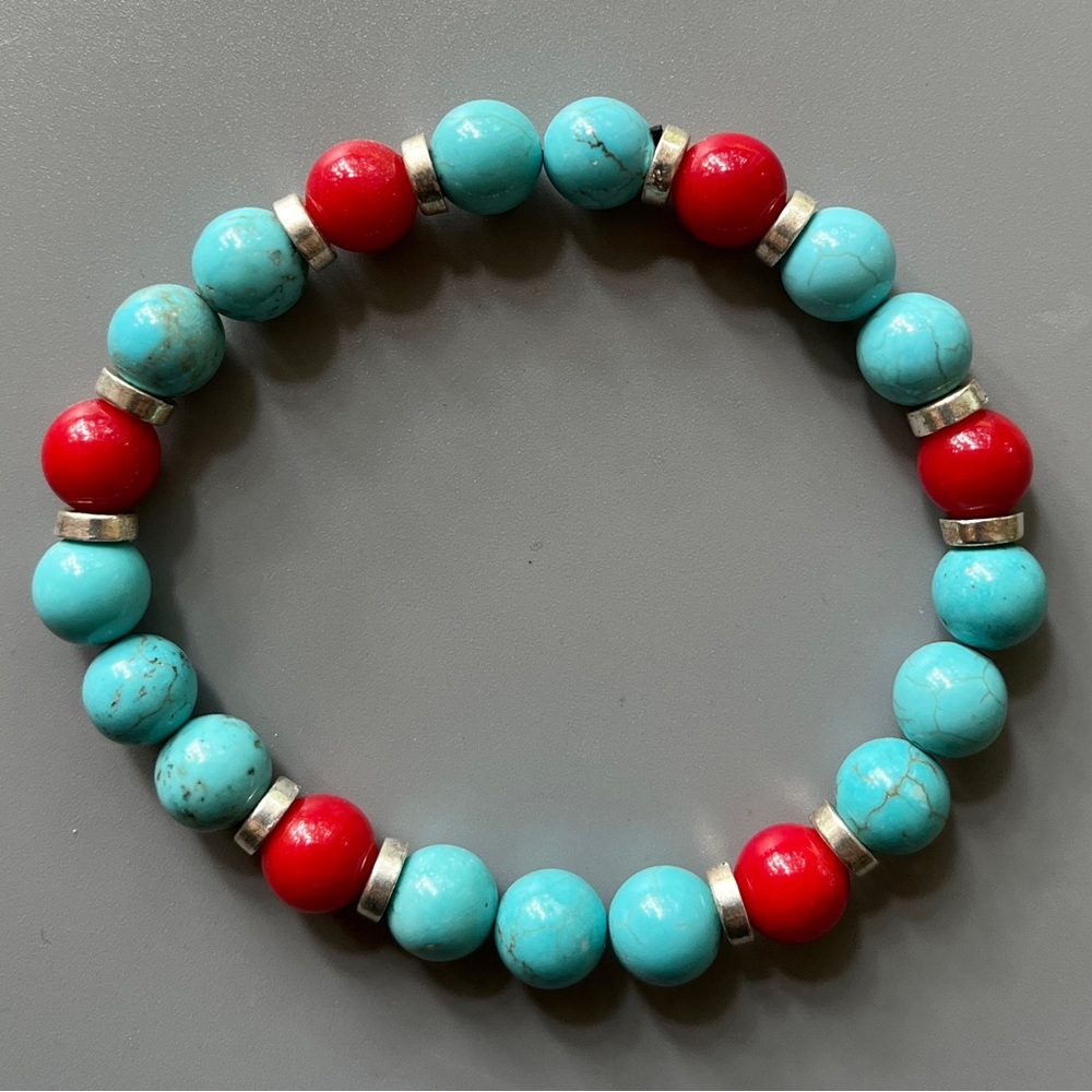 Turquoise and Red Coral Handcrafted Beaded Bracelet